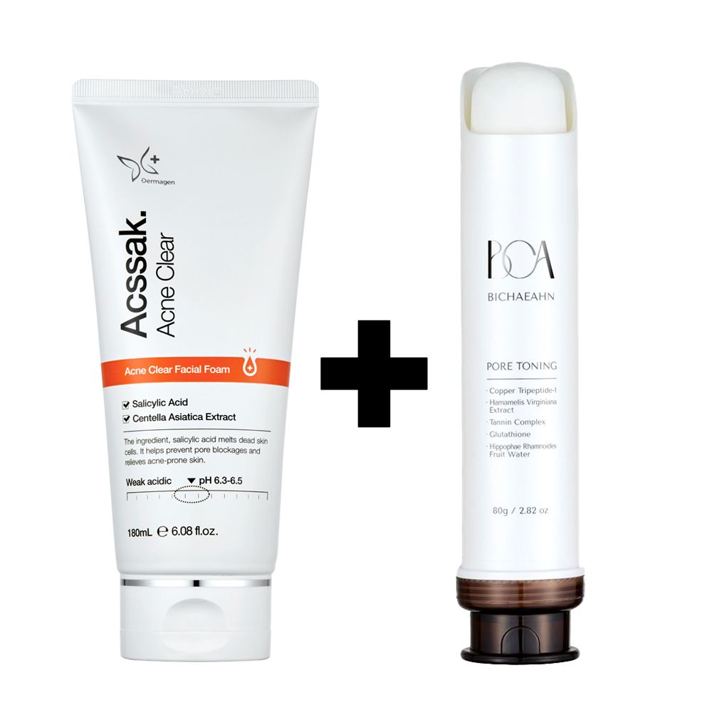DERMAGEN Pore Toning Cream 80g + Acssak Acne Clear Facial Foam 180mL – Mildly Acidic Cleanser with BHA & Centella Asiatica, Hippophae Rhamnoides Fruit Water _ Made in KOREA
